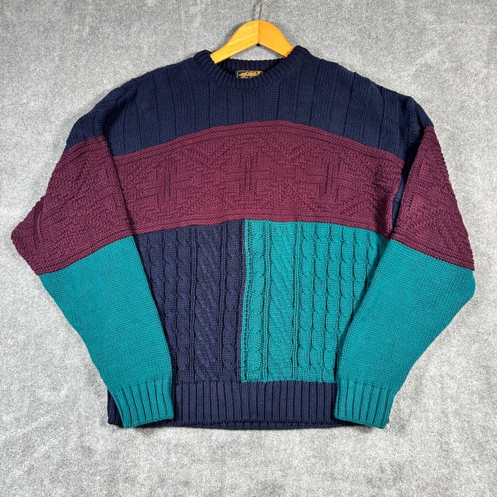 VTG Eddie Bauer Cable Knit Sweater Colorblock Navy Teal Burgundy Men XL Made USA